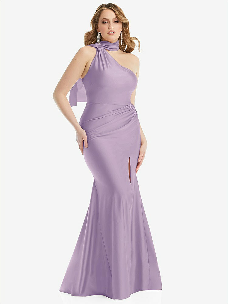 【STYLE: CS109】Scarf Neck One-Shoulder Stretch Satin Mermaid Dress with Slight Train【COLOR: Pale Purple】