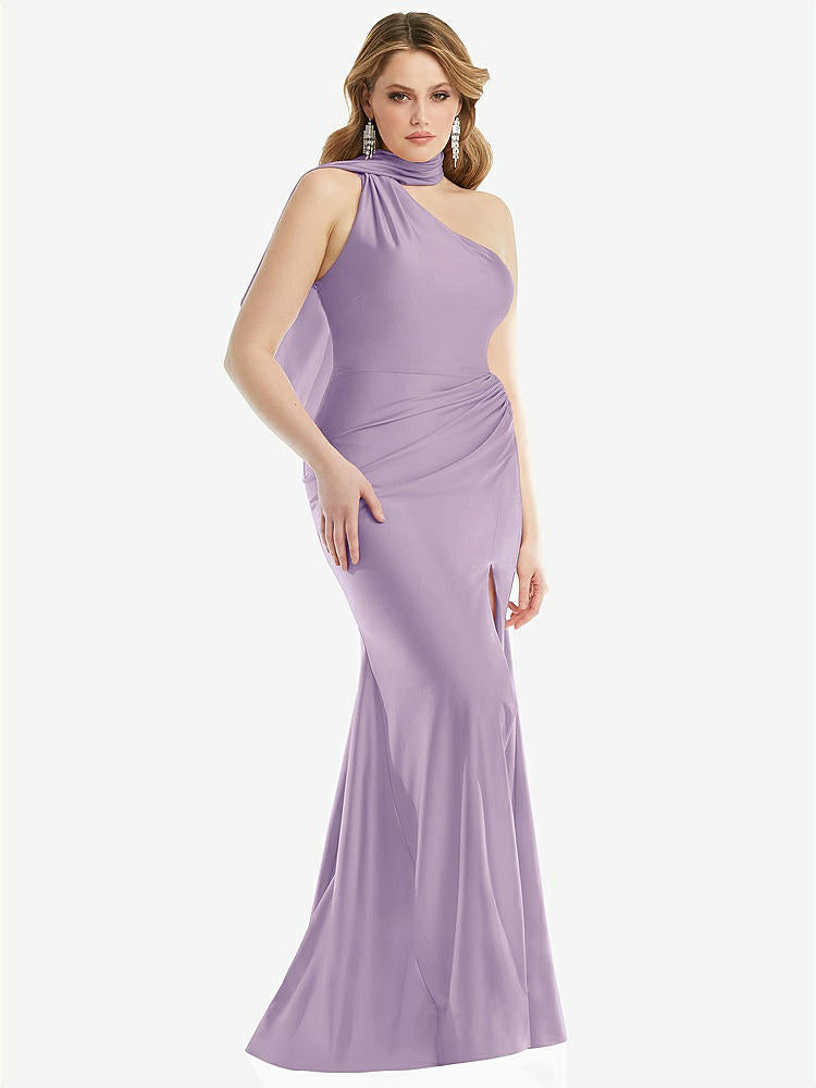 【STYLE: CS109】Scarf Neck One-Shoulder Stretch Satin Mermaid Dress with Slight Train【COLOR: Pale Purple】
