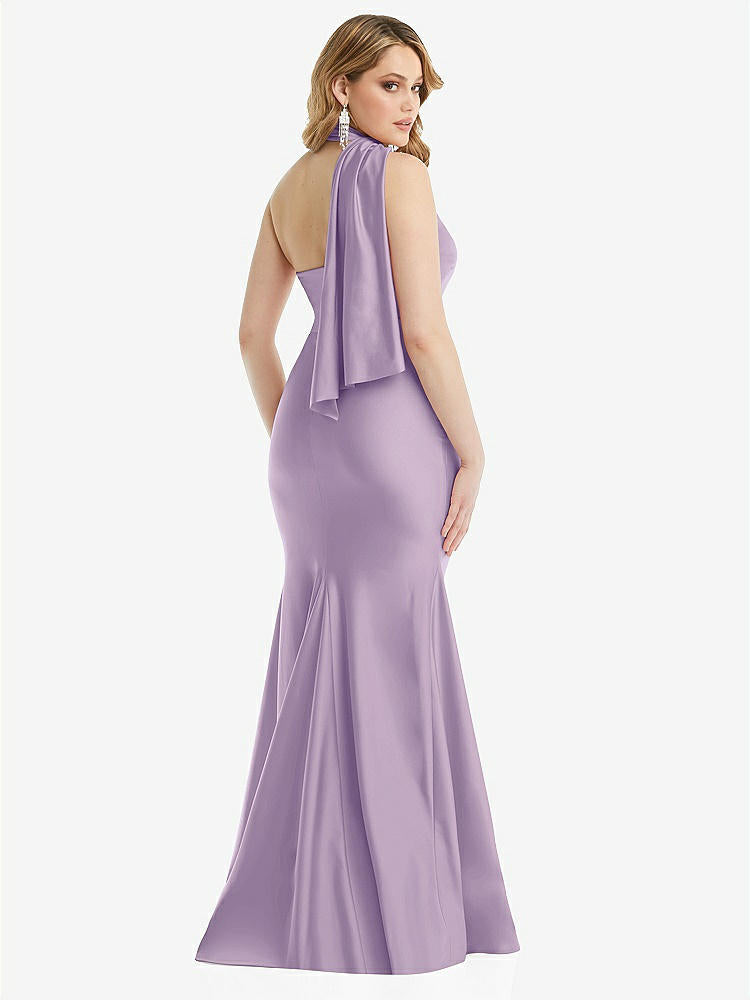 【STYLE: CS109】Scarf Neck One-Shoulder Stretch Satin Mermaid Dress with Slight Train【COLOR: Pale Purple】