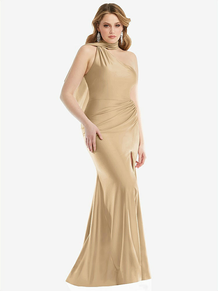 【STYLE: CS109】Scarf Neck One-Shoulder Stretch Satin Mermaid Dress with Slight Train【COLOR: Soft Gold】