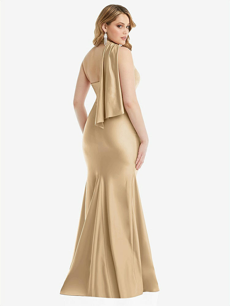 【STYLE: CS109】Scarf Neck One-Shoulder Stretch Satin Mermaid Dress with Slight Train【COLOR: Soft Gold】