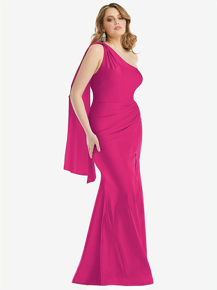 【STYLE: CS109】Scarf Neck One-Shoulder Stretch Satin Mermaid Dress with Slight Train【COLOR: Think Pink】