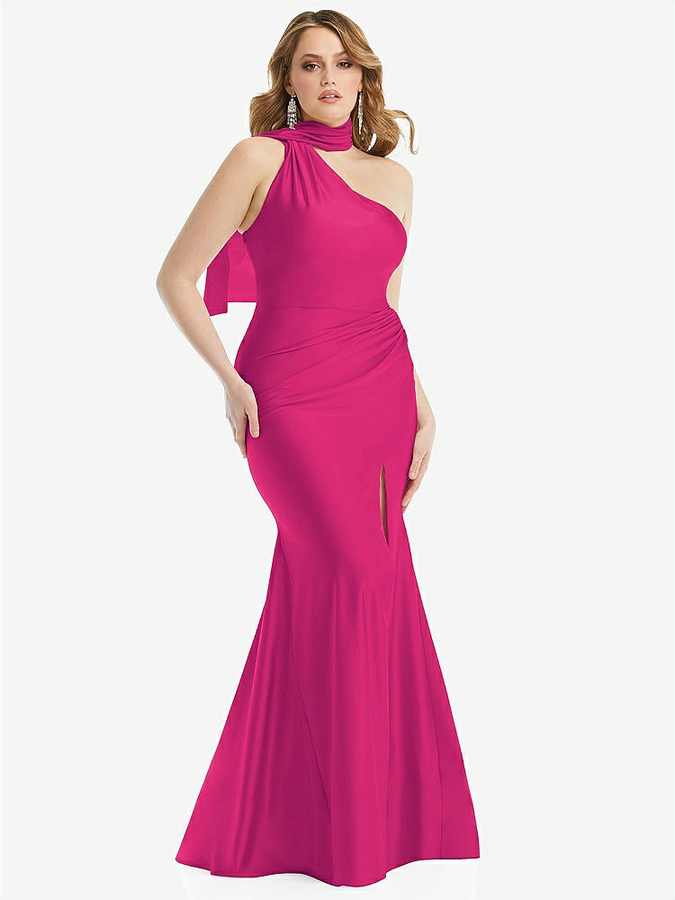 【STYLE: CS109】Scarf Neck One-Shoulder Stretch Satin Mermaid Dress with Slight Train【COLOR: Think Pink】