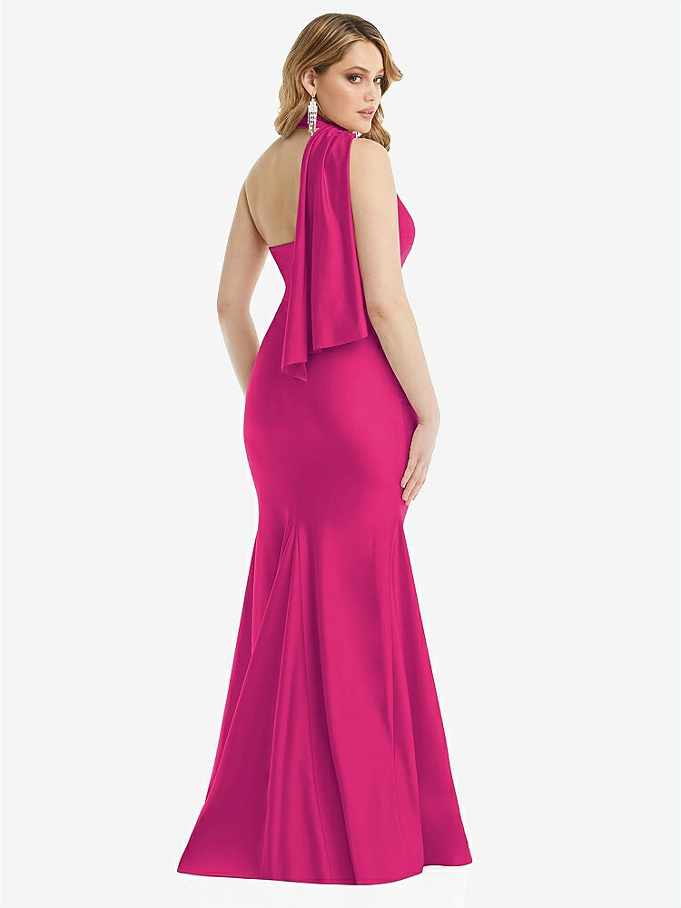 【STYLE: CS109】Scarf Neck One-Shoulder Stretch Satin Mermaid Dress with Slight Train【COLOR: Think Pink】