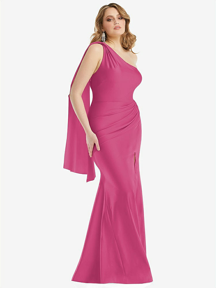 【STYLE: CS109】Scarf Neck One-Shoulder Stretch Satin Mermaid Dress with Slight Train【COLOR: Tea Rose】