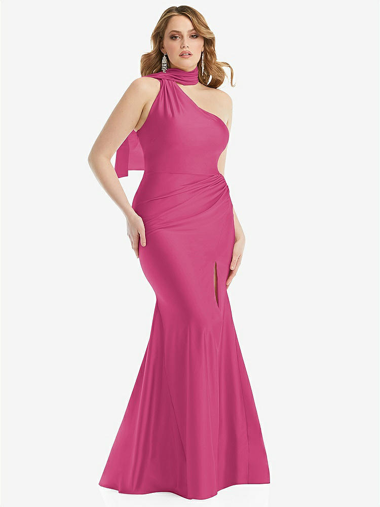 【STYLE: CS109】Scarf Neck One-Shoulder Stretch Satin Mermaid Dress with Slight Train【COLOR: Tea Rose】