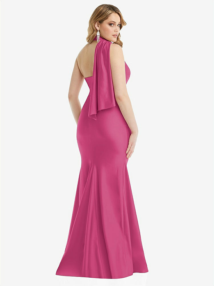 【STYLE: CS109】Scarf Neck One-Shoulder Stretch Satin Mermaid Dress with Slight Train【COLOR: Tea Rose】