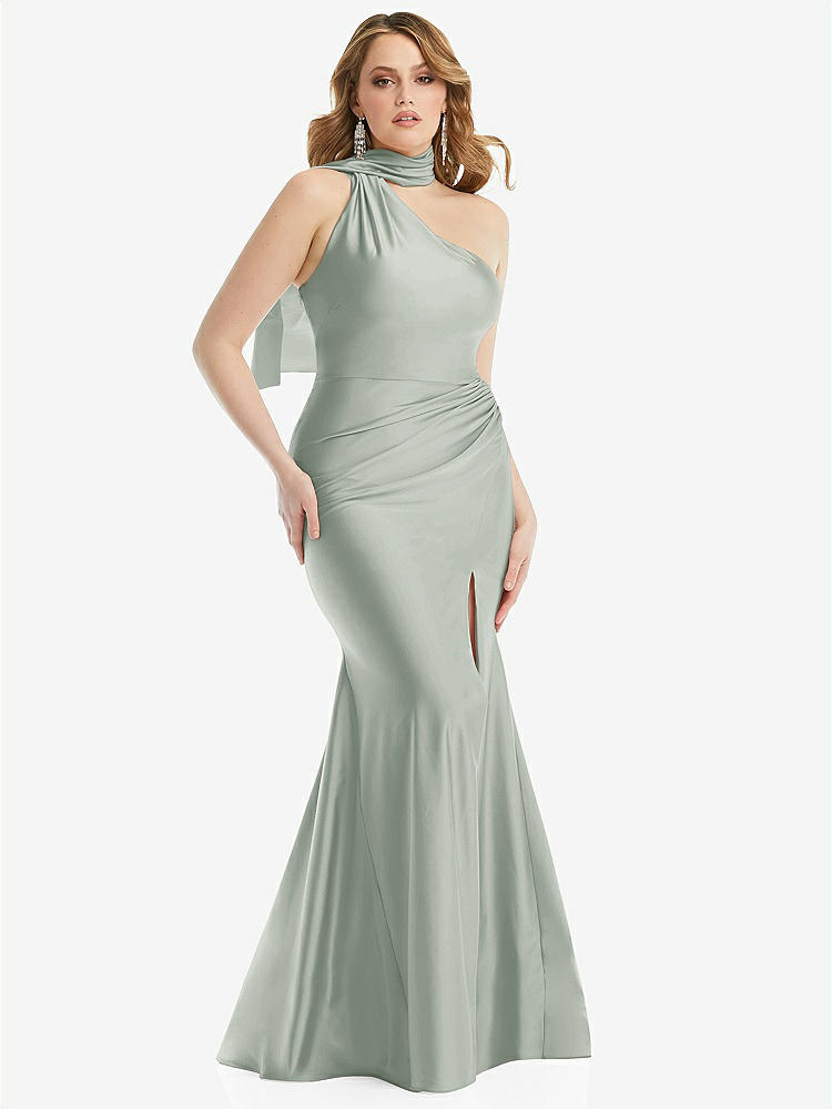 【STYLE: CS109】Scarf Neck One-Shoulder Stretch Satin Mermaid Dress with Slight Train【COLOR: Willow Green】