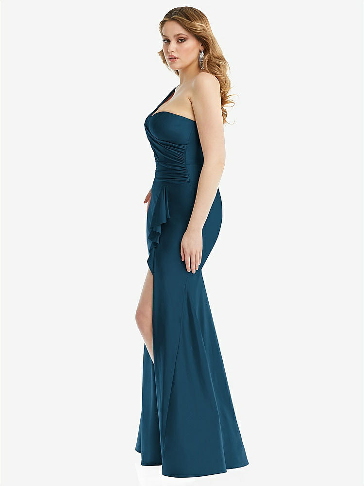 【NEW】【STYLE: CS110】ワンショルダー ビュスティア ストレッチ サテン 人魚 ドレス カスケード フリル【COLOR: Atlantic Blue】【SIZE: 00-30W】
