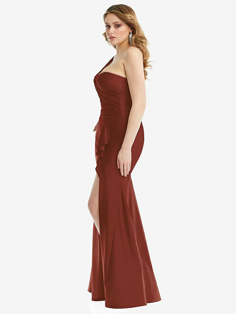 【STYLE: CS110】One-Shoulder Bustier Stretch Satin Mermaid Dress with Cascade Ruffle【COLOR: Auburn Moon】