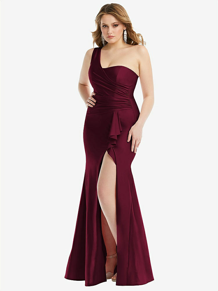 【NEW】【STYLE: CS110】ワンショルダー ビュスティア ストレッチ サテン 人魚 ドレス カスケード フリル【COLOR: Cabernet】【SIZE: 00-30W】