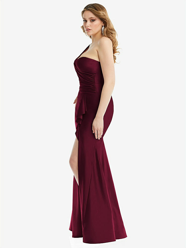 【NEW】【STYLE: CS110】ワンショルダー ビュスティア ストレッチ サテン 人魚 ドレス カスケード フリル【COLOR: Cabernet】【SIZE: 00-30W】