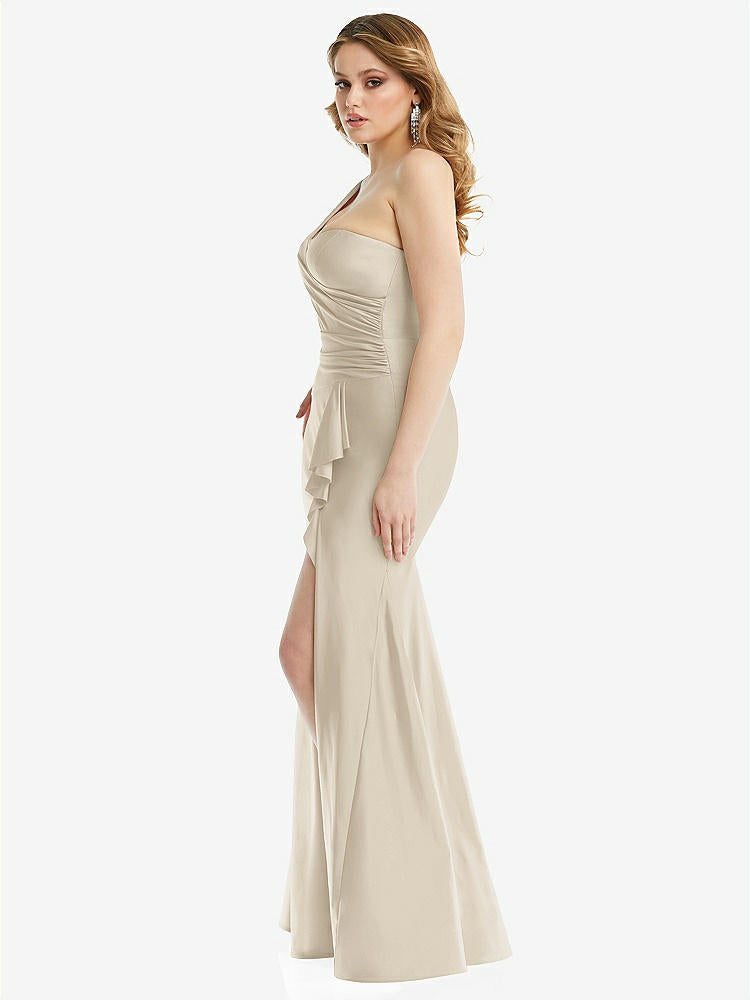 【STYLE: CS110】One-Shoulder Bustier Stretch Satin Mermaid Dress with Cascade Ruffle【COLOR: Champagne】