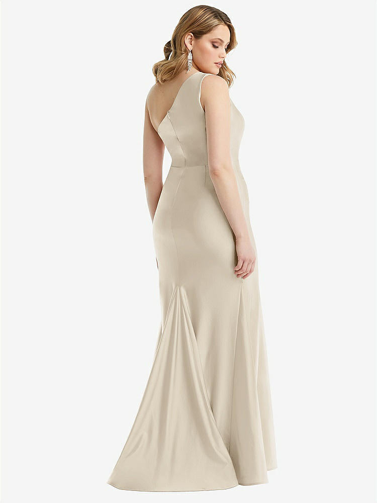 【STYLE: CS110】One-Shoulder Bustier Stretch Satin Mermaid Dress with Cascade Ruffle【COLOR: Champagne】