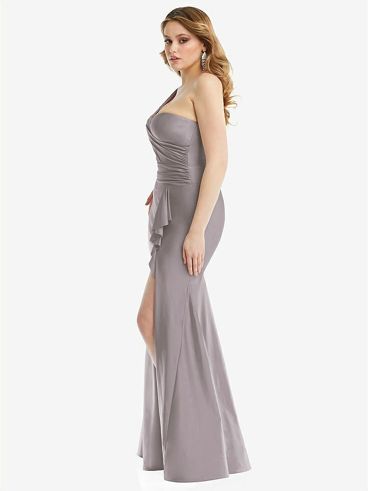 【STYLE: CS110】One-Shoulder Bustier Stretch Satin Mermaid Dress with Cascade Ruffle【COLOR: Cashmere Gray】