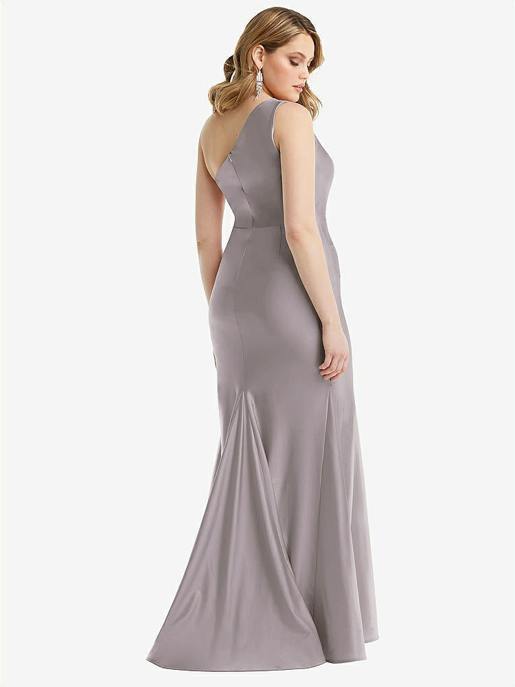 【STYLE: CS110】One-Shoulder Bustier Stretch Satin Mermaid Dress with Cascade Ruffle【COLOR: Cashmere Gray】