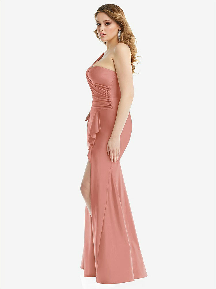 【NEW】【STYLE: CS110】ワンショルダー ビュスティア ストレッチ サテン 人魚 ドレス カスケード フリル【COLOR: Desert Rose】【SIZE: 00-30W】