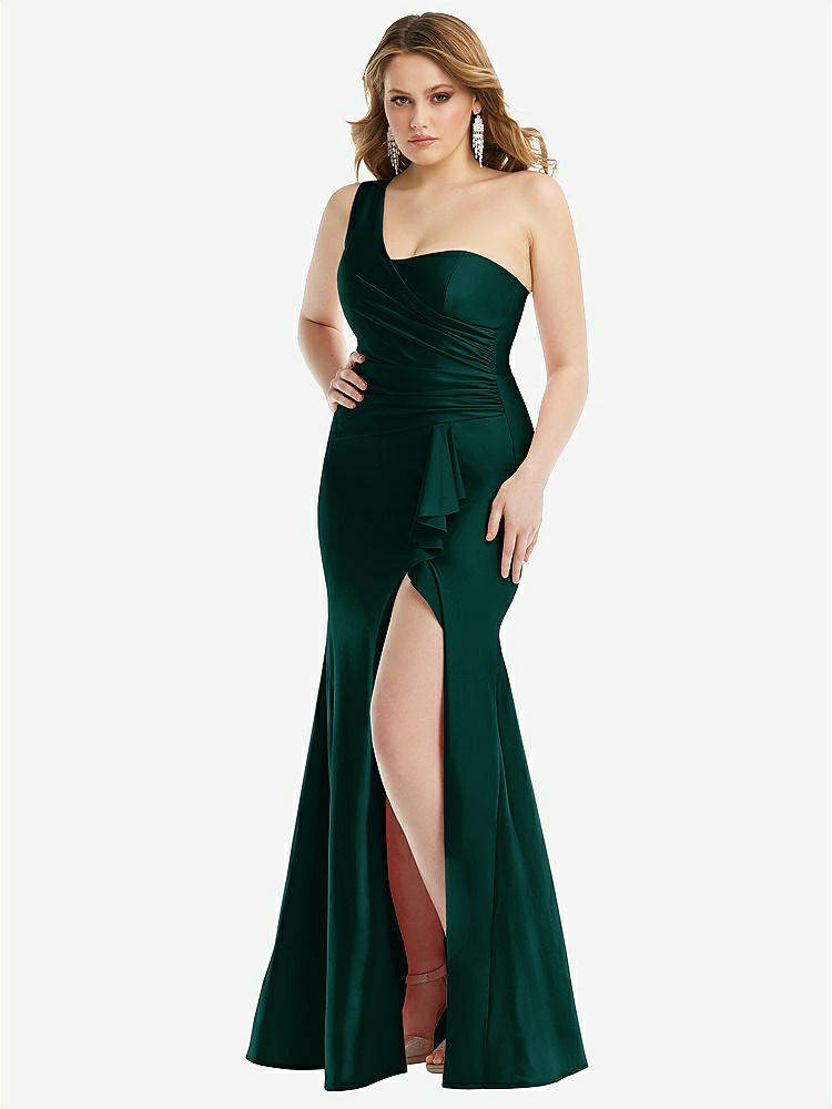 【STYLE: CS110】One-Shoulder Bustier Stretch Satin Mermaid Dress with Cascade Ruffle【COLOR: Evergreen】