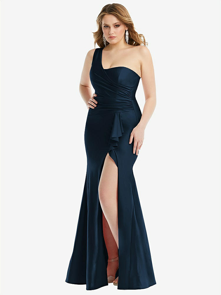 【STYLE: CS110】One-Shoulder Bustier Stretch Satin Mermaid Dress with Cascade Ruffle【COLOR: Midnight Navy】