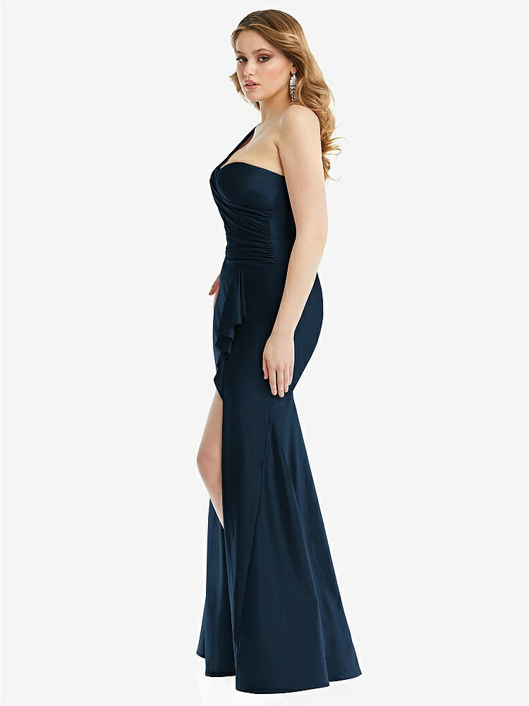 【STYLE: CS110】One-Shoulder Bustier Stretch Satin Mermaid Dress with Cascade Ruffle【COLOR: Midnight Navy】
