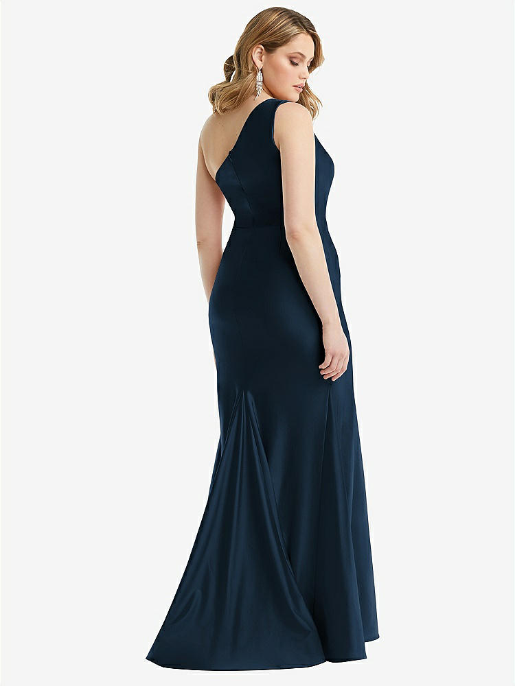 【STYLE: CS110】One-Shoulder Bustier Stretch Satin Mermaid Dress with Cascade Ruffle【COLOR: Midnight Navy】