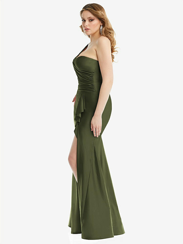 【NEW】【STYLE: CS110】ワンショルダー ビュスティア ストレッチ サテン 人魚 ドレス カスケード フリル【COLOR: Olive Green】【SIZE: 00-30W】