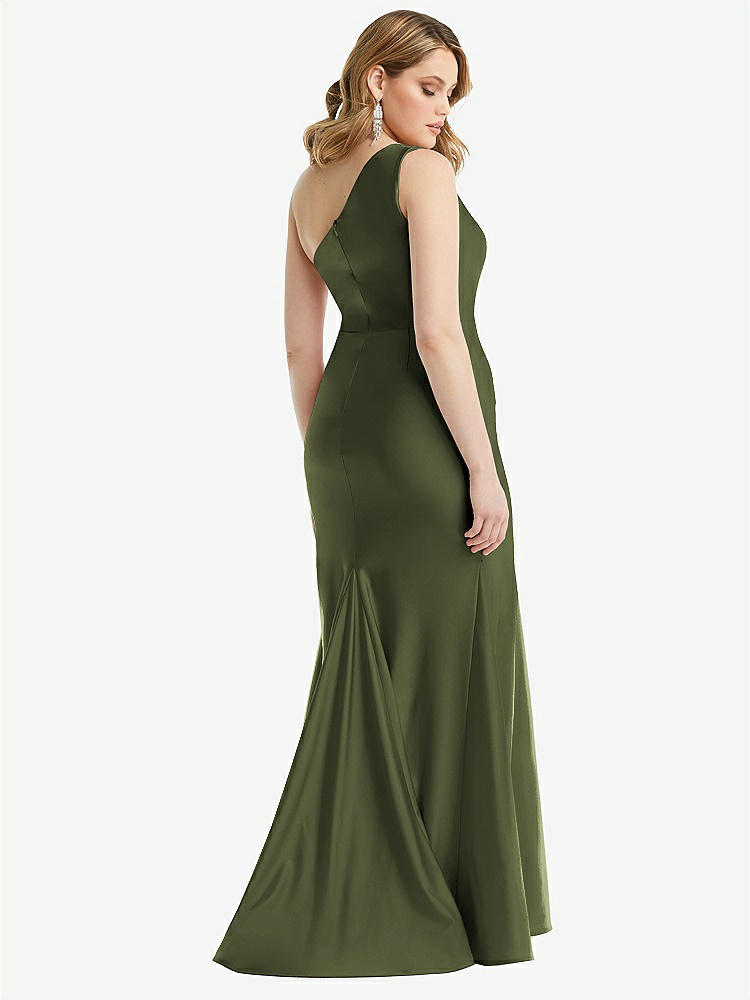 【NEW】【STYLE: CS110】ワンショルダー ビュスティア ストレッチ サテン 人魚 ドレス カスケード フリル【COLOR: Olive Green】【SIZE: 00-30W】
