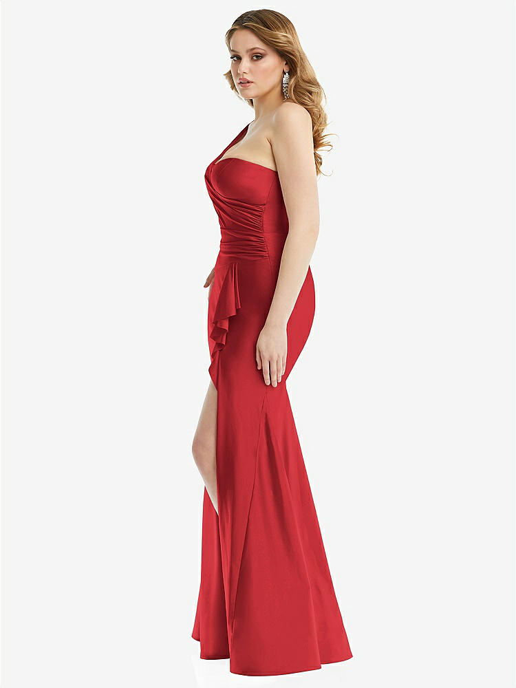 【STYLE: CS110】One-Shoulder Bustier Stretch Satin Mermaid Dress with Cascade Ruffle【COLOR: Poppy Red】