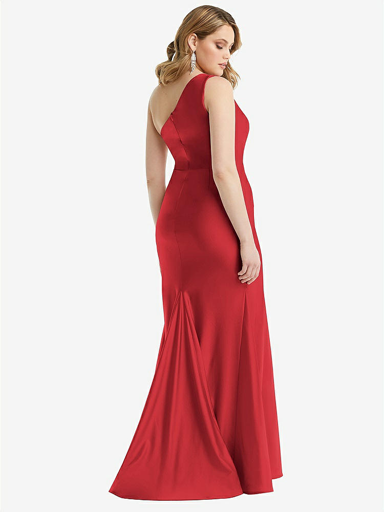 【STYLE: CS110】One-Shoulder Bustier Stretch Satin Mermaid Dress with Cascade Ruffle【COLOR: Poppy Red】