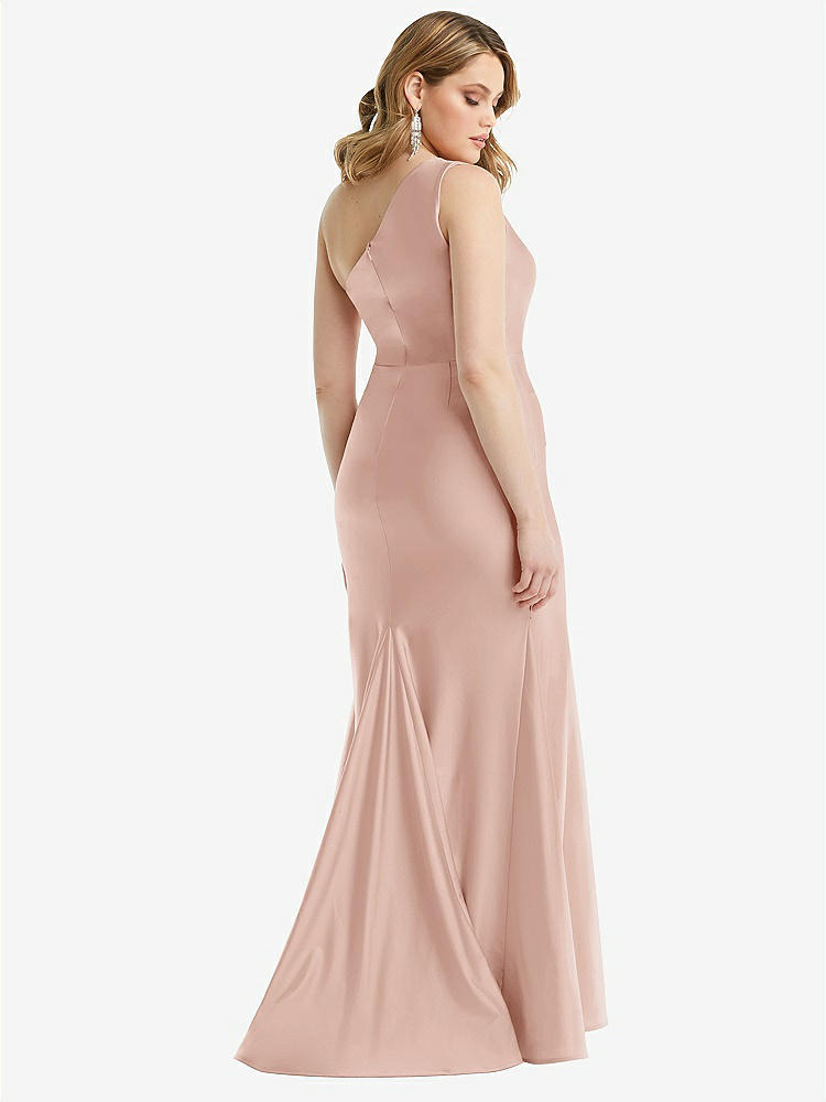 【STYLE: CS110】One-Shoulder Bustier Stretch Satin Mermaid Dress with Cascade Ruffle【COLOR: Toasted Sugar】