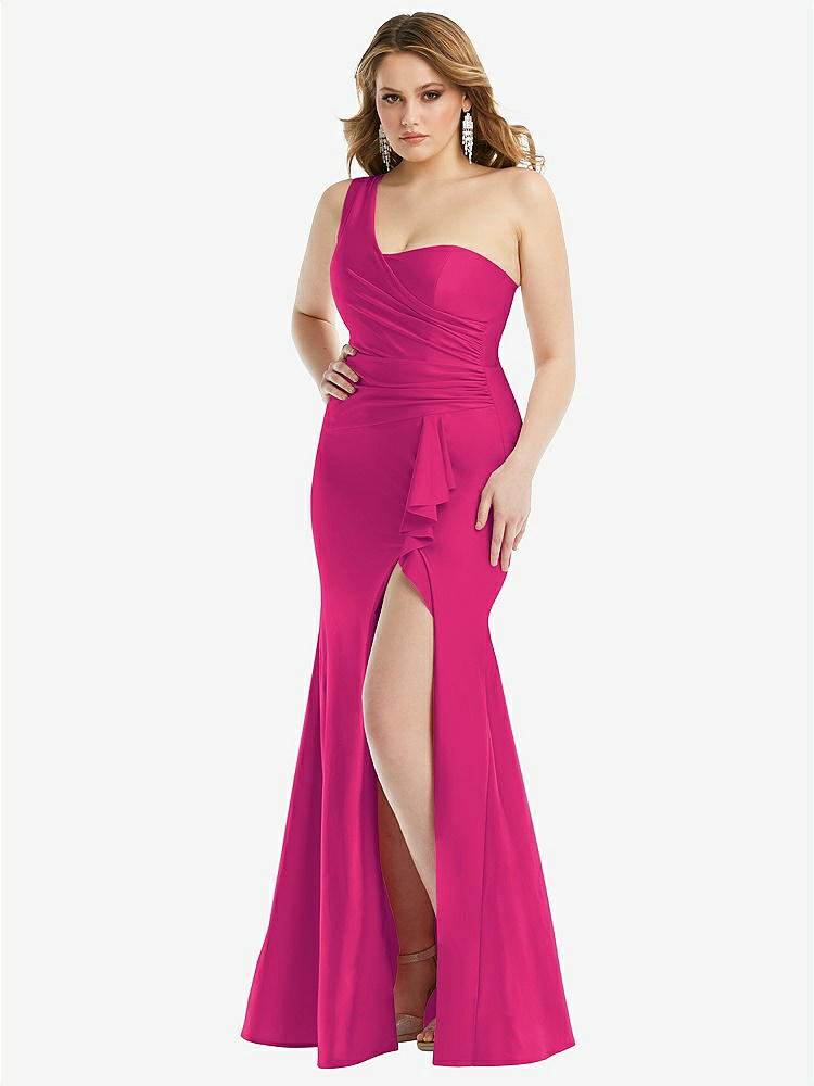 【STYLE: CS110】One-Shoulder Bustier Stretch Satin Mermaid Dress with Cascade Ruffle【COLOR: Think Pink】