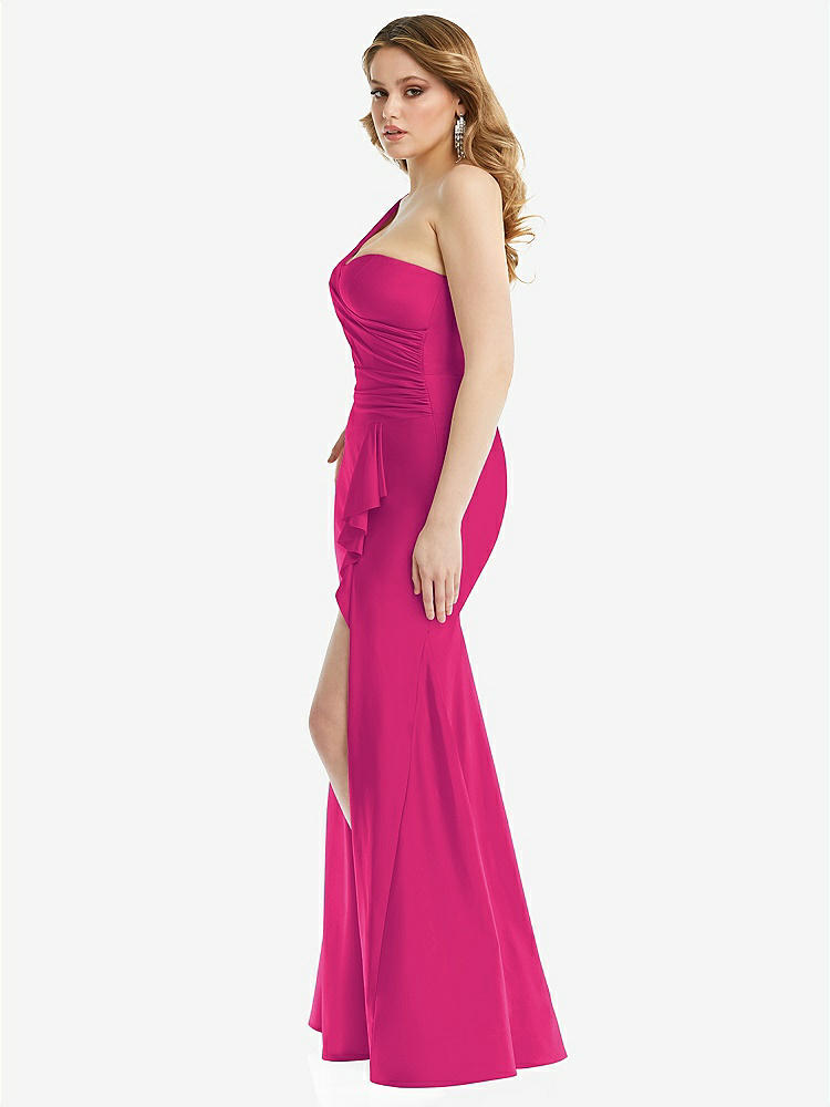 【NEW】【STYLE: CS110】ワンショルダー ビュスティア ストレッチ サテン 人魚 ドレス カスケード フリル【COLOR: Think Pink】【SIZE: 00-30W】
