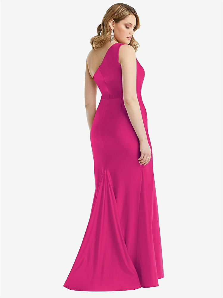 【STYLE: CS110】One-Shoulder Bustier Stretch Satin Mermaid Dress with Cascade Ruffle【COLOR: Think Pink】