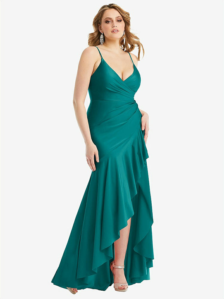 【NEW】【STYLE: CS111】プリーツ ラップ フリル 高 低 ストレッチ サテン ガウン わずかな 電車【COLOR: Peacock Teal】【SIZE: 00-30W】