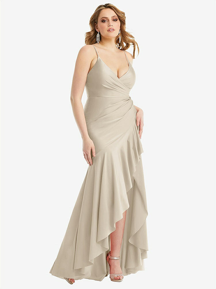 【STYLE: CS111】Pleated Wrap Ruffled High Low Stretch Satin Gown with Slight Train【COLOR: Champagne】