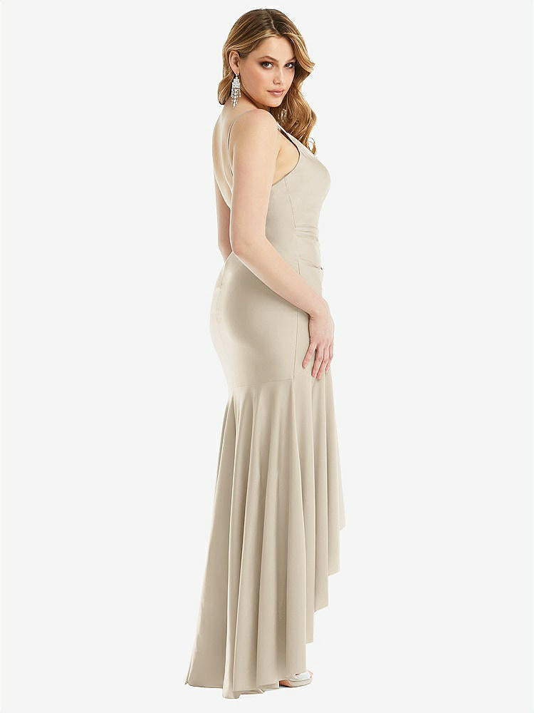 【STYLE: CS111】Pleated Wrap Ruffled High Low Stretch Satin Gown with Slight Train【COLOR: Champagne】