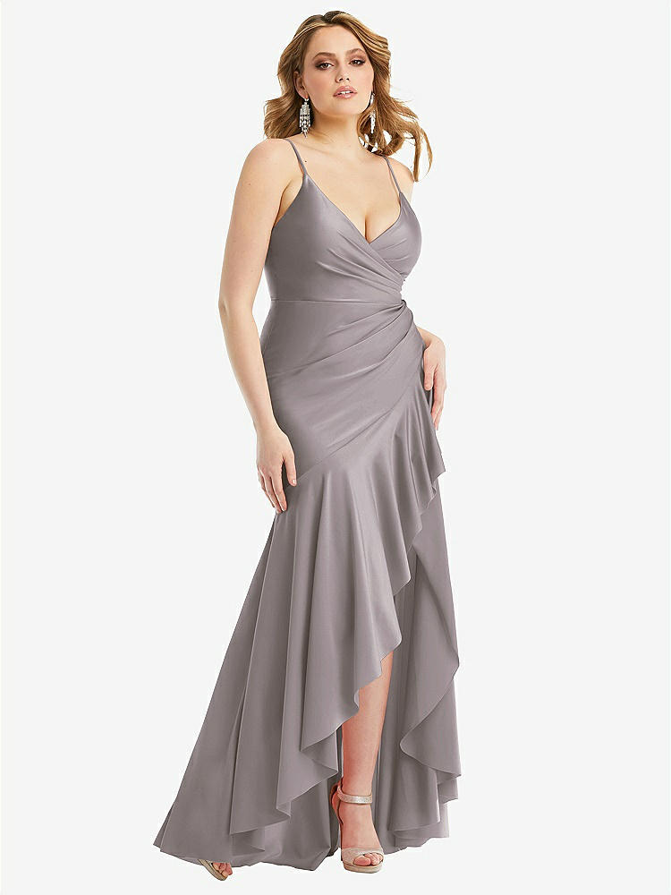 【STYLE: CS111】Pleated Wrap Ruffled High Low Stretch Satin Gown with Slight Train【COLOR: Cashmere Gray】