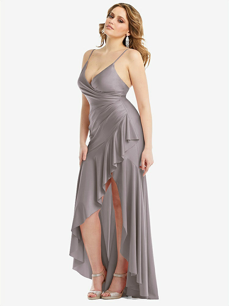 【STYLE: CS111】Pleated Wrap Ruffled High Low Stretch Satin Gown with Slight Train【COLOR: Cashmere Gray】