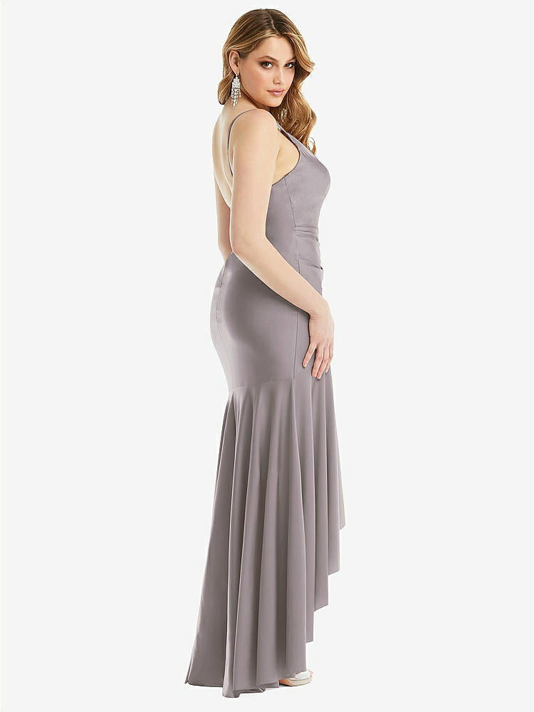 【STYLE: CS111】Pleated Wrap Ruffled High Low Stretch Satin Gown with Slight Train【COLOR: Cashmere Gray】