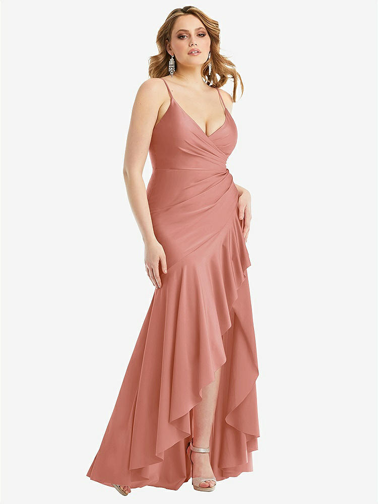 【STYLE: CS111】Pleated Wrap Ruffled High Low Stretch Satin Gown with Slight Train【COLOR: Desert Rose】