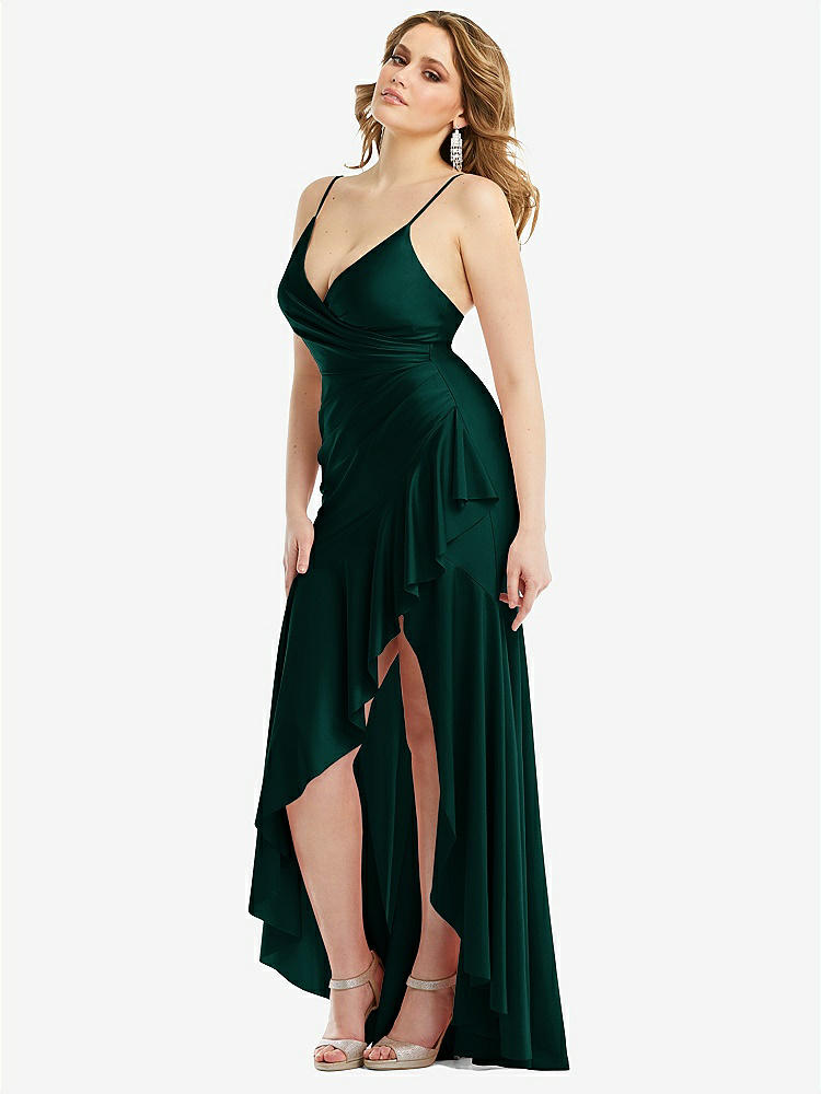 【STYLE: CS111】Pleated Wrap Ruffled High Low Stretch Satin Gown with Slight Train【COLOR: Evergreen】