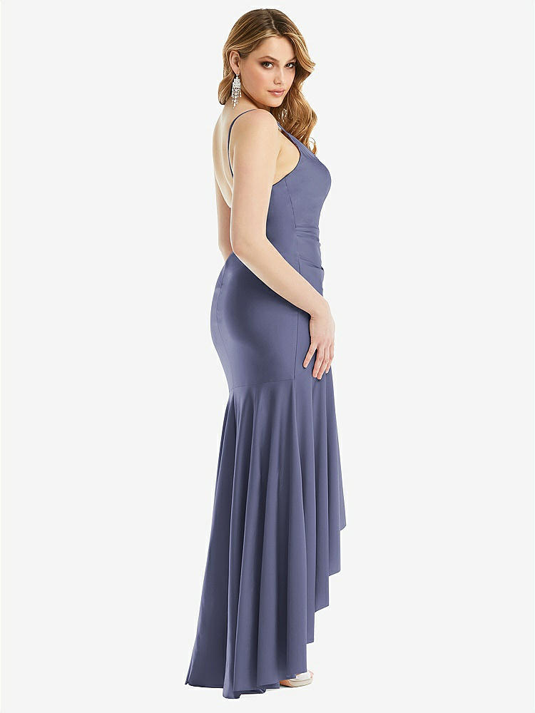【STYLE: CS111】Pleated Wrap Ruffled High Low Stretch Satin Gown with Slight Train【COLOR: French Blue】