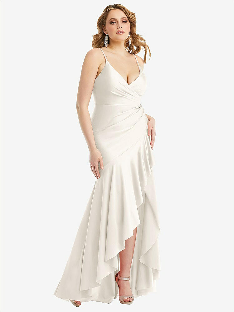 【STYLE: CS111】Pleated Wrap Ruffled High Low Stretch Satin Gown with Slight Train【COLOR: Ivory】