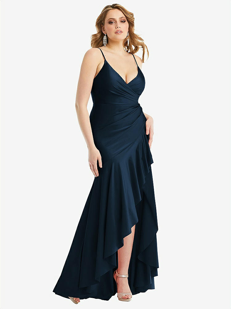 【STYLE: CS111】Pleated Wrap Ruffled High Low Stretch Satin Gown with Slight Train【COLOR: Midnight Navy】