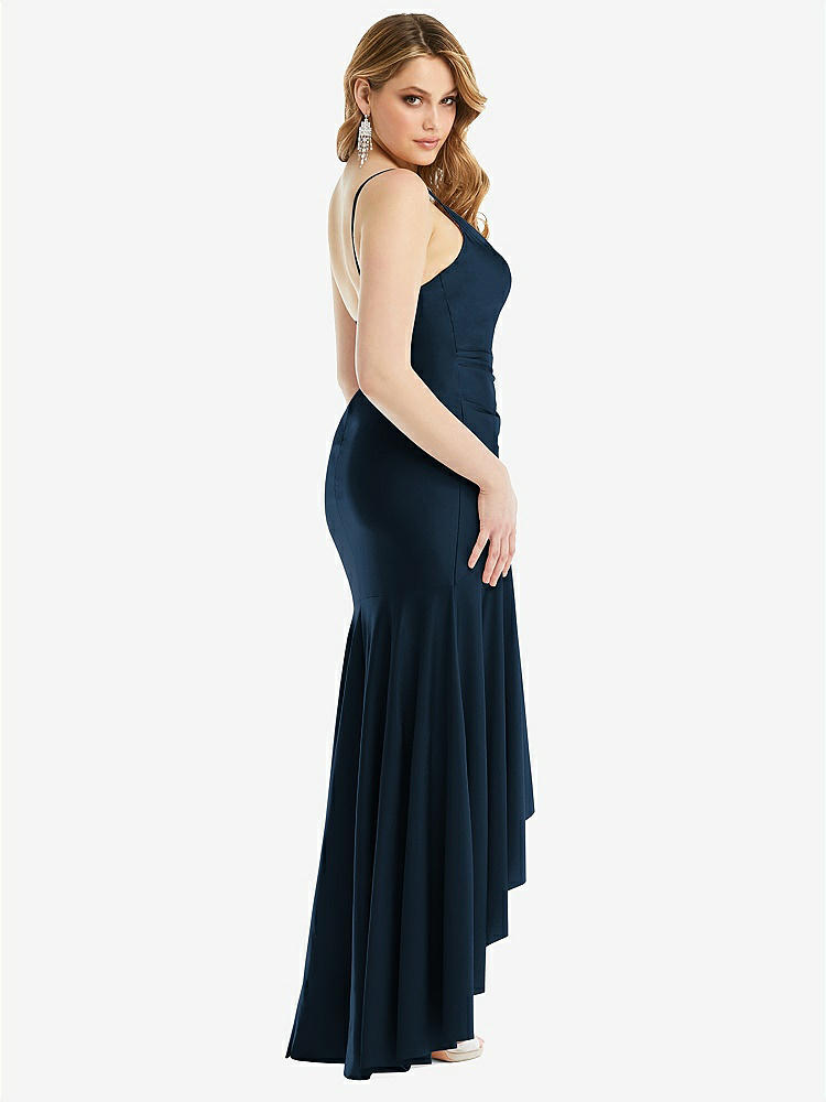 【STYLE: CS111】Pleated Wrap Ruffled High Low Stretch Satin Gown with Slight Train【COLOR: Midnight Navy】