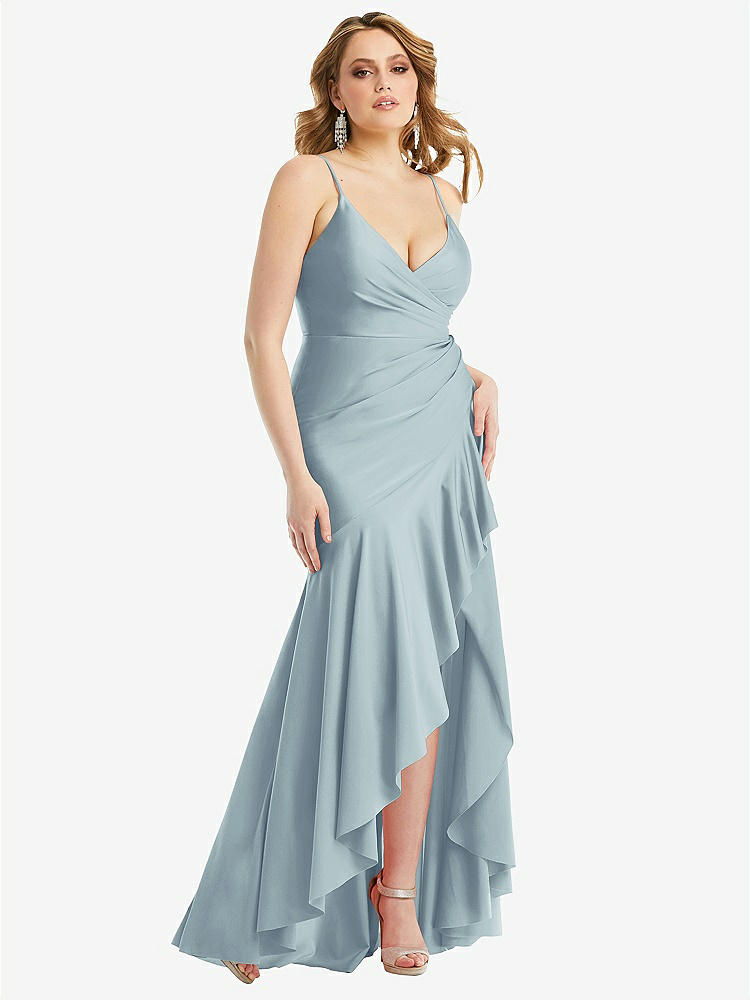 【STYLE: CS111】Pleated Wrap Ruffled High Low Stretch Satin Gown with Slight Train【COLOR: Mist】