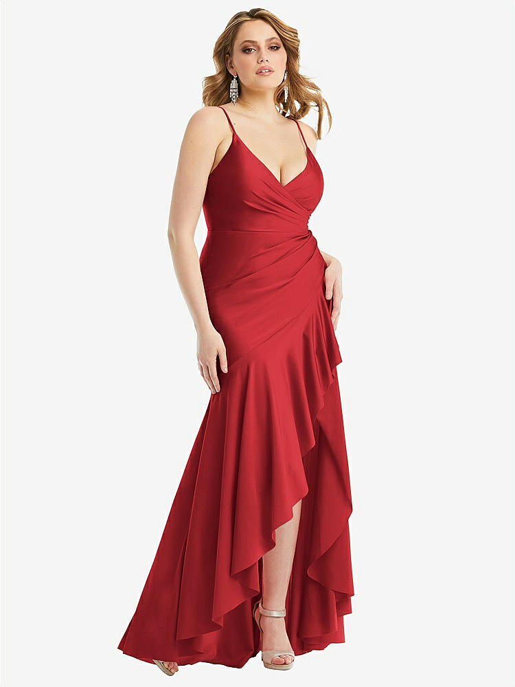 【STYLE: CS111】Pleated Wrap Ruffled High Low Stretch Satin Gown with Slight Train【COLOR: Poppy Red】