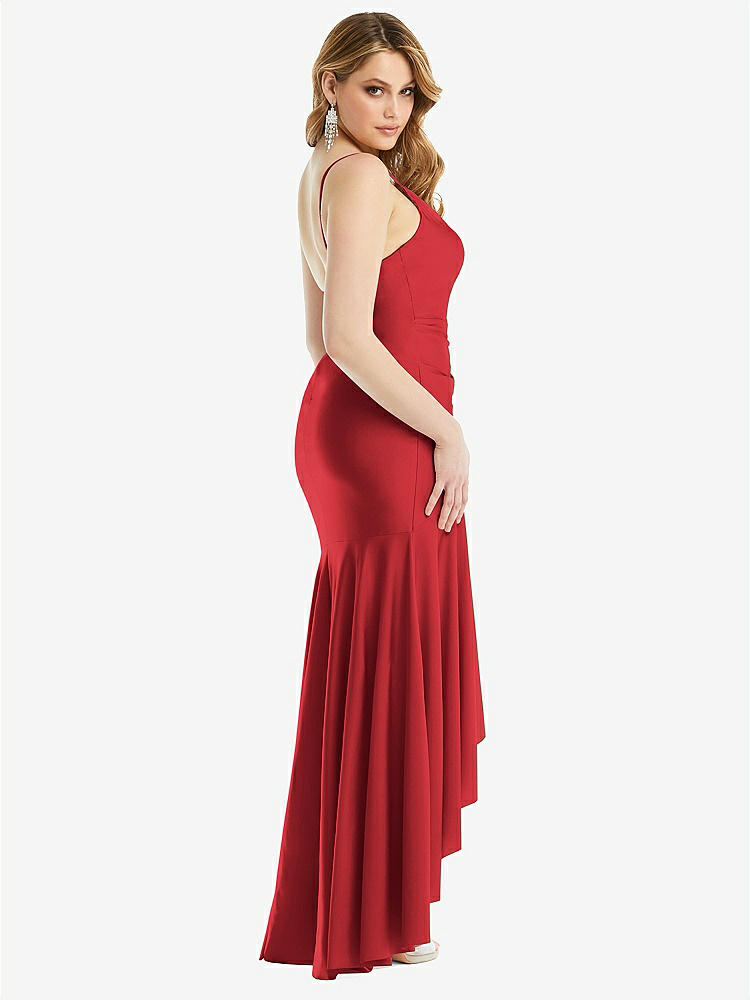 【STYLE: CS111】Pleated Wrap Ruffled High Low Stretch Satin Gown with Slight Train【COLOR: Poppy Red】