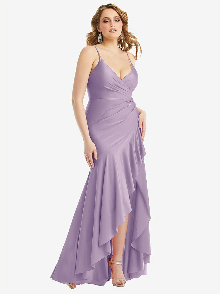 【NEW】【STYLE: CS111】プリーツ ラップ フリル 高 低 ストレッチ サテン ガウン わずかな 電車【COLOR: Pale Purple】【SIZE: 00-30W】