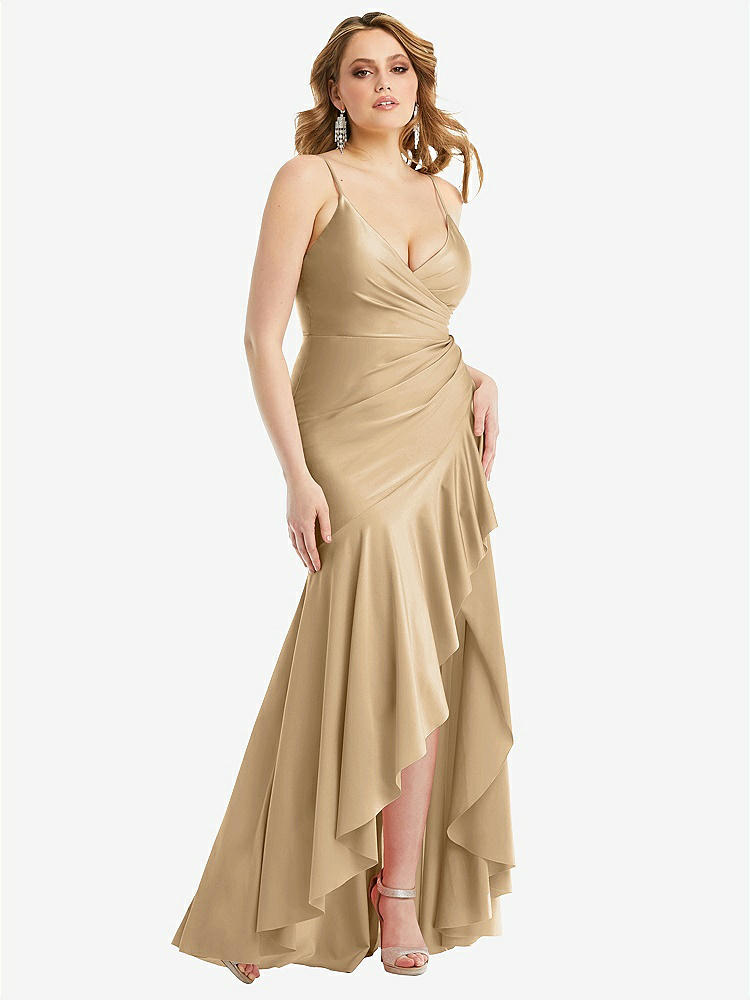 【STYLE: CS111】Pleated Wrap Ruffled High Low Stretch Satin Gown with Slight Train【COLOR: Soft Gold】